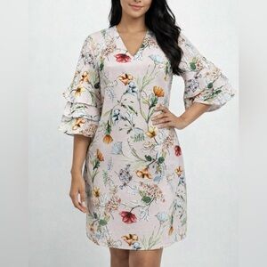 Grifflin Paris Floral Print Ruffle Sleeve Shift Dress Size Medium